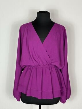 Savanna Jane Magenta Peplum Hem Blouse Faux Wrap Ballon Sleeve Top V Neck Sz L